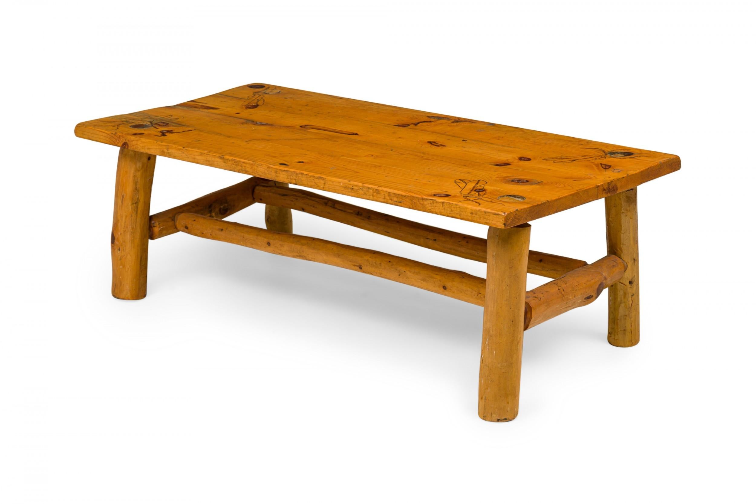 American Rustic Pine Wood Carved Feather Design Rectangular Coffee Table For Sale