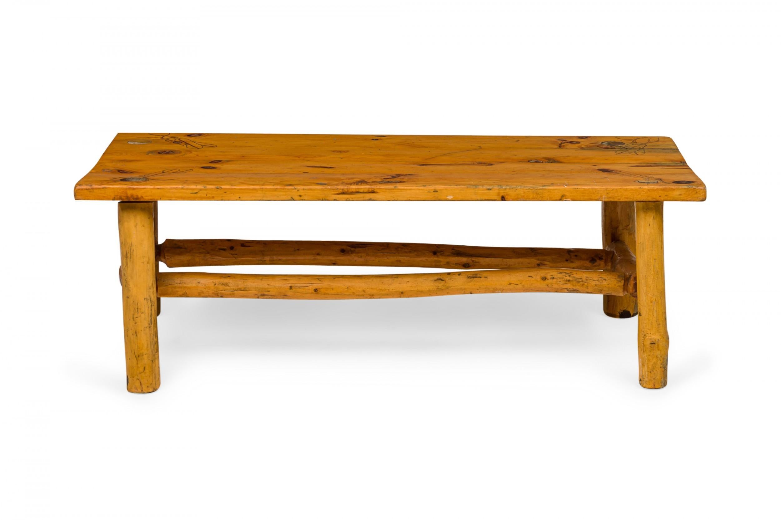 Etched Rustic Pine Wood Carved Feather Design Rectangular Coffee Table For Sale