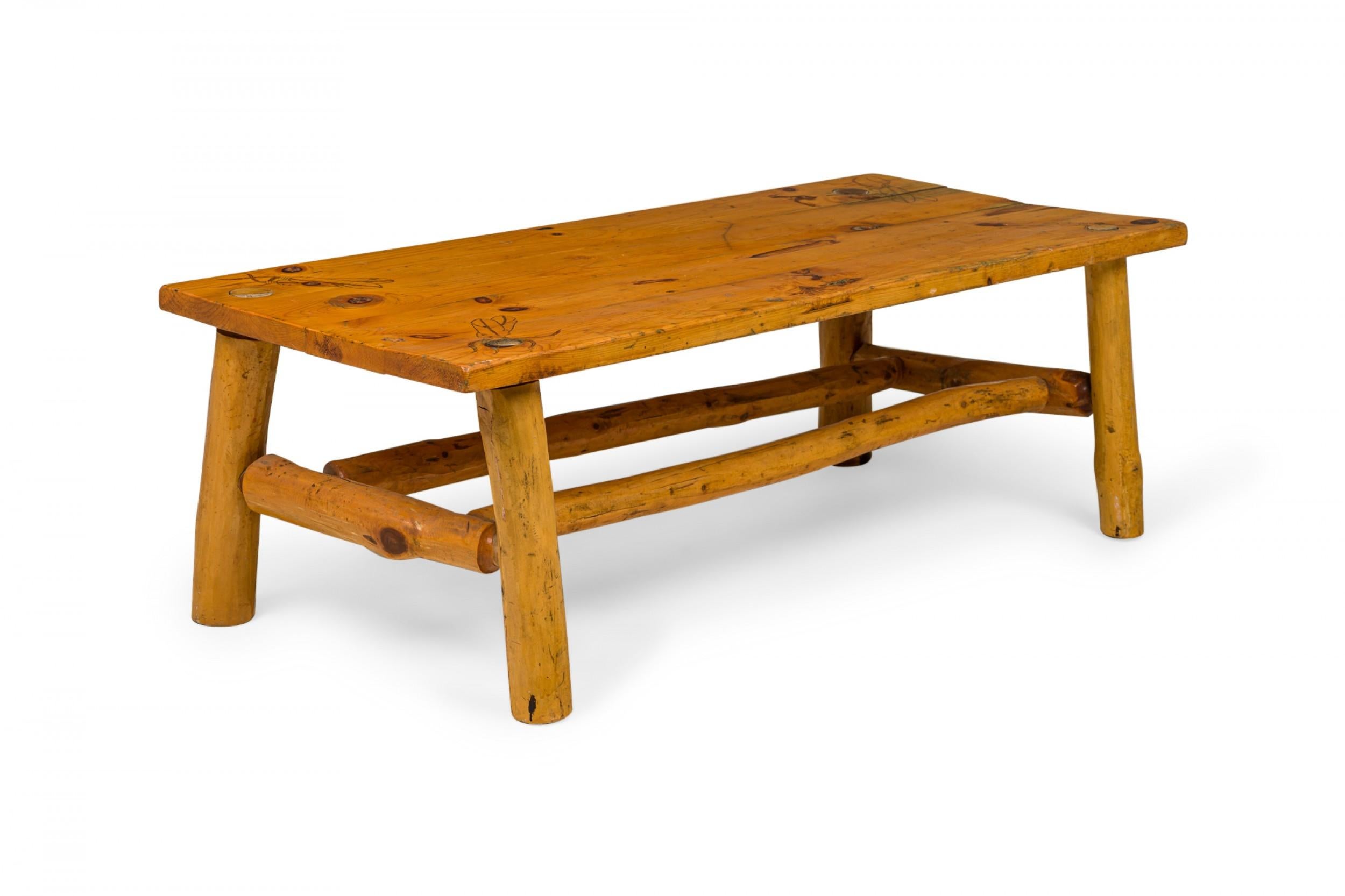 Rustic Pine Wood Carved Feather Design Rectangular Coffee Table For Sale 1