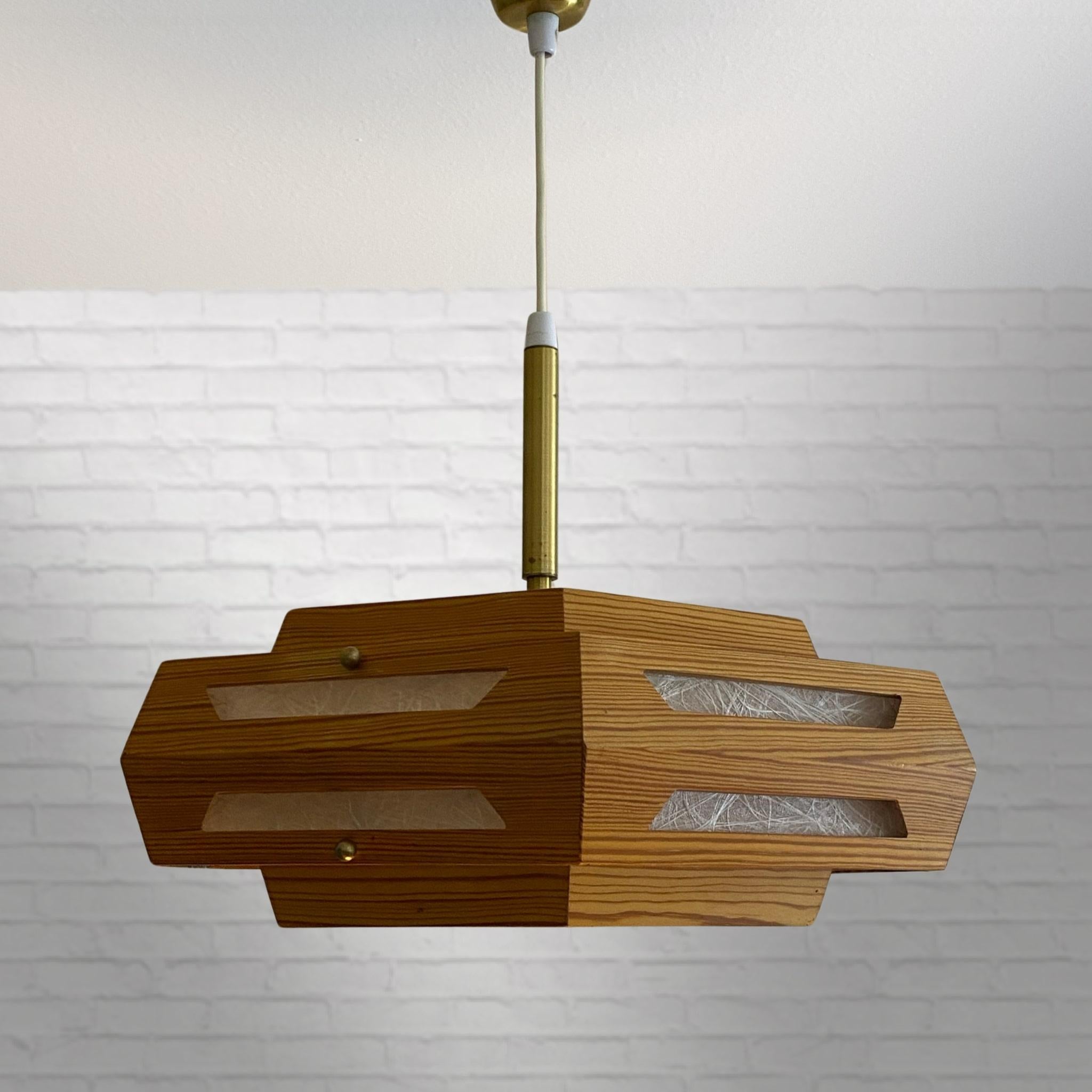 Scandinavian Modern Rustic pinewood pendant lamp with brass fittings, Swedish Modern, 1970s  For Sale
