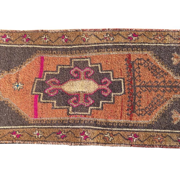 This vintage Anatolian Turkish Oushak rug features hot pink, yellow, gray, white and blue on a geometric background. Hand-knotted wool. Gorgeous for a hallway, kitchen, bedroom or entry. In the style of Swedish Farmhouse, French Country, Gustavian,