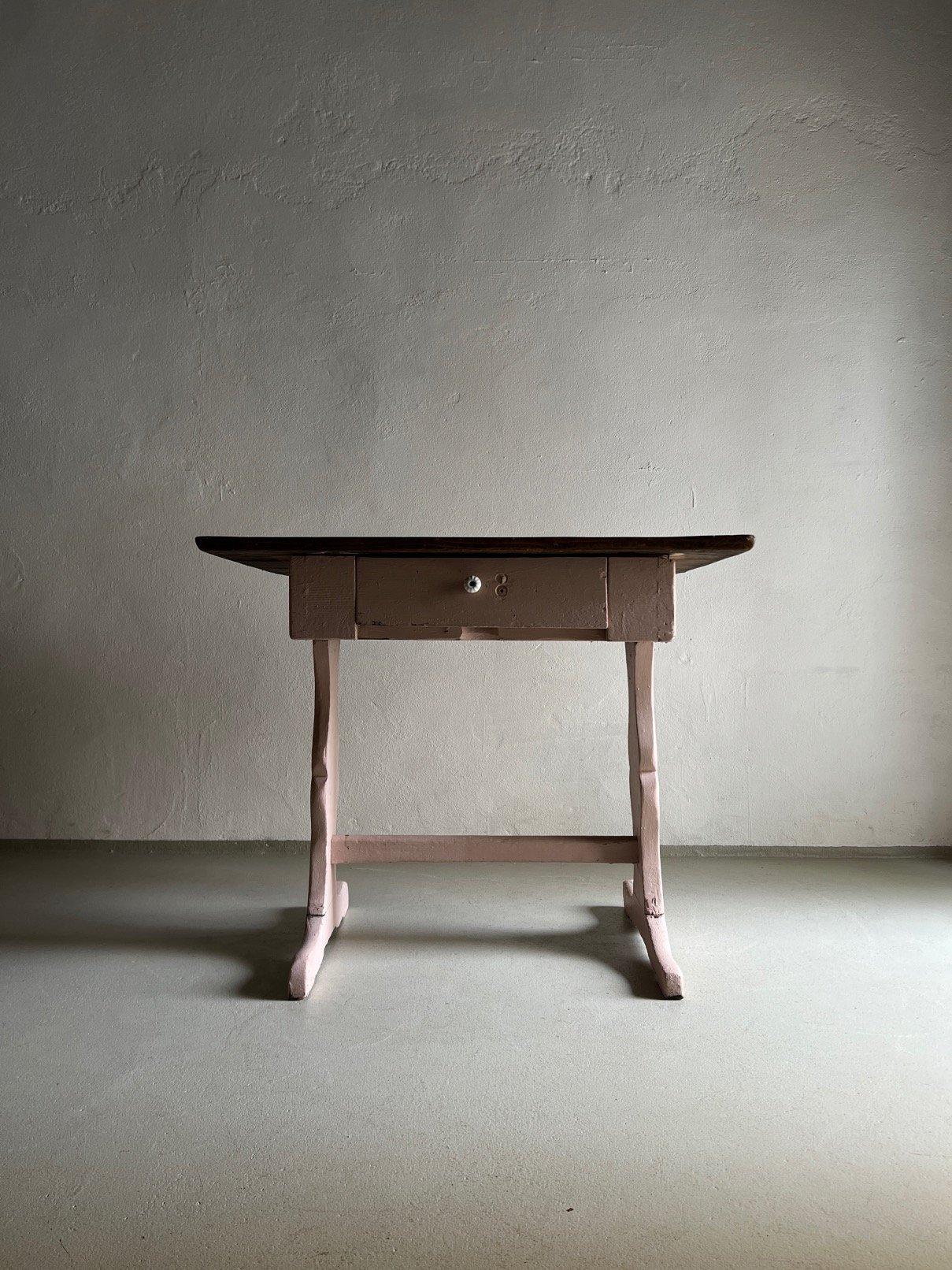 Hand-Painted Rustic Pink Painted Desk with Brown Tabletop For Sale