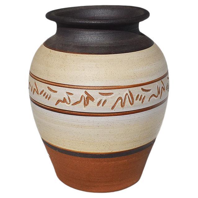 Rustic Planter, Ginger Jar, Vase or Pot in Brown, Black and Cream, Signed For Sale