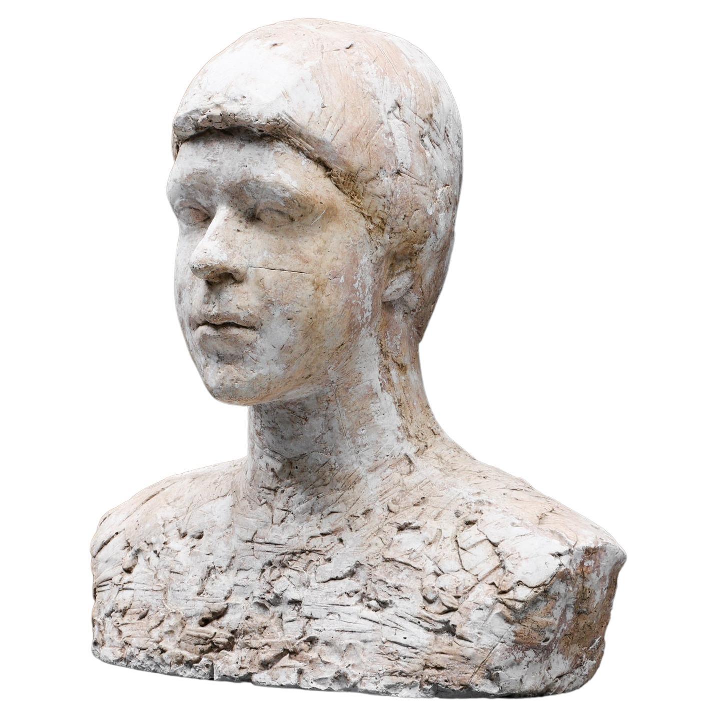 Rustic Plaster Bust, Head Sculpture, Figurative Art, Craftsman, Belgian