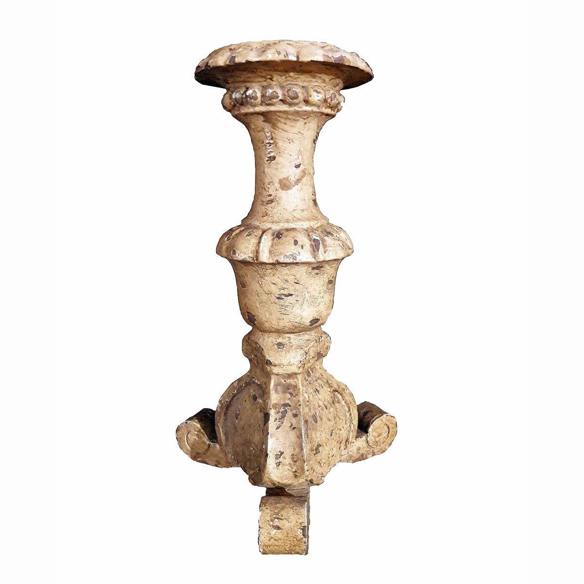 A charming candleholder, hand carved in wood and polychromed in natural color. From India. Rustic style, circa 1970. Three available, sold separately.