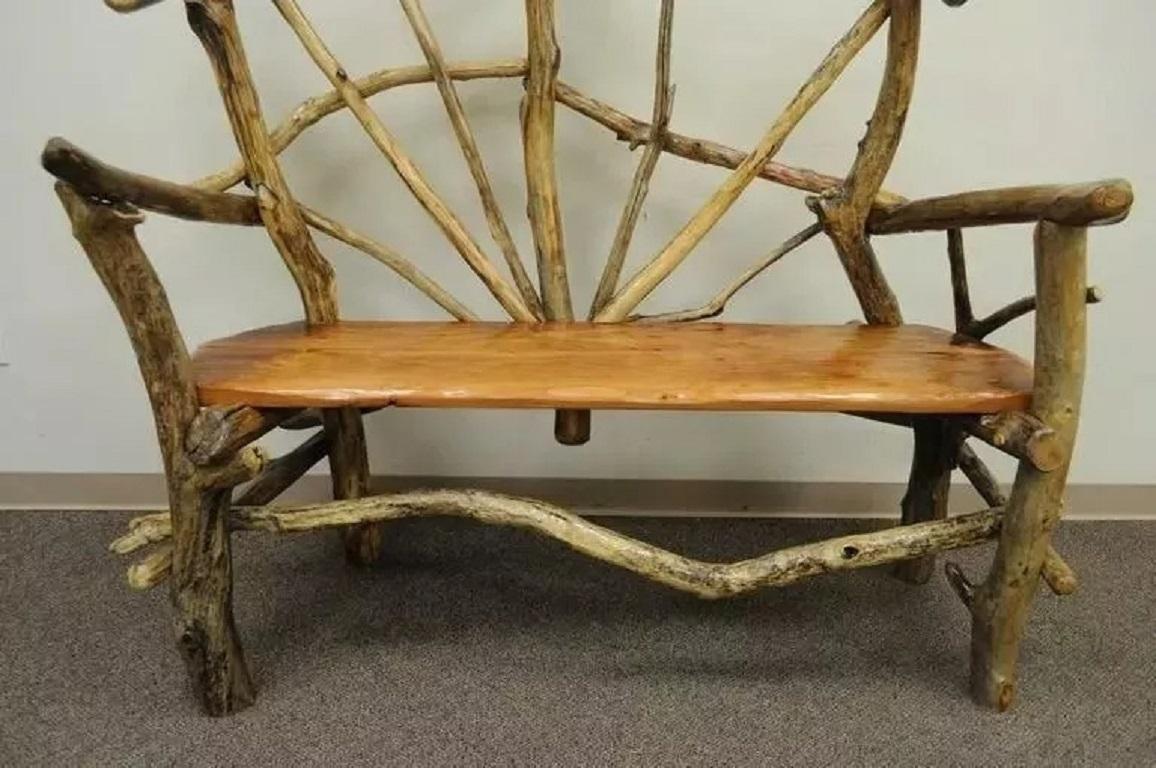 Rustic Primitive Artisan Tree Log Driftwood Garden Patio Bench by Robert Powchik In Good Condition For Sale In Philadelphia, PA