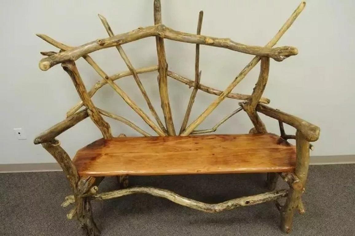Contemporary Rustic Primitive Artisan Tree Log Driftwood Garden Patio Bench by Robert Powchik For Sale