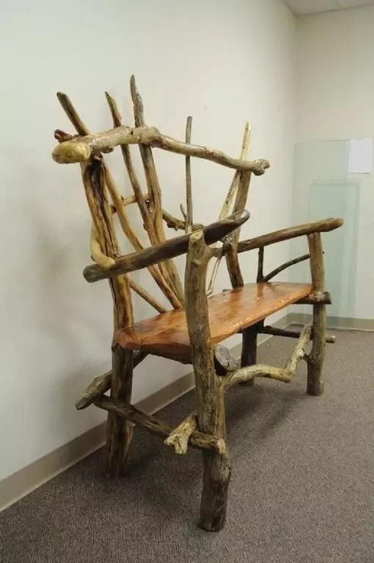 Wood Rustic Primitive Artisan Tree Log Driftwood Garden Patio Bench by Robert Powchik For Sale