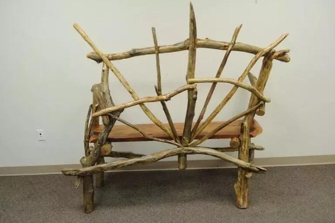 Rustic Primitive Artisan Tree Log Driftwood Garden Patio Bench by Robert Powchik For Sale 3