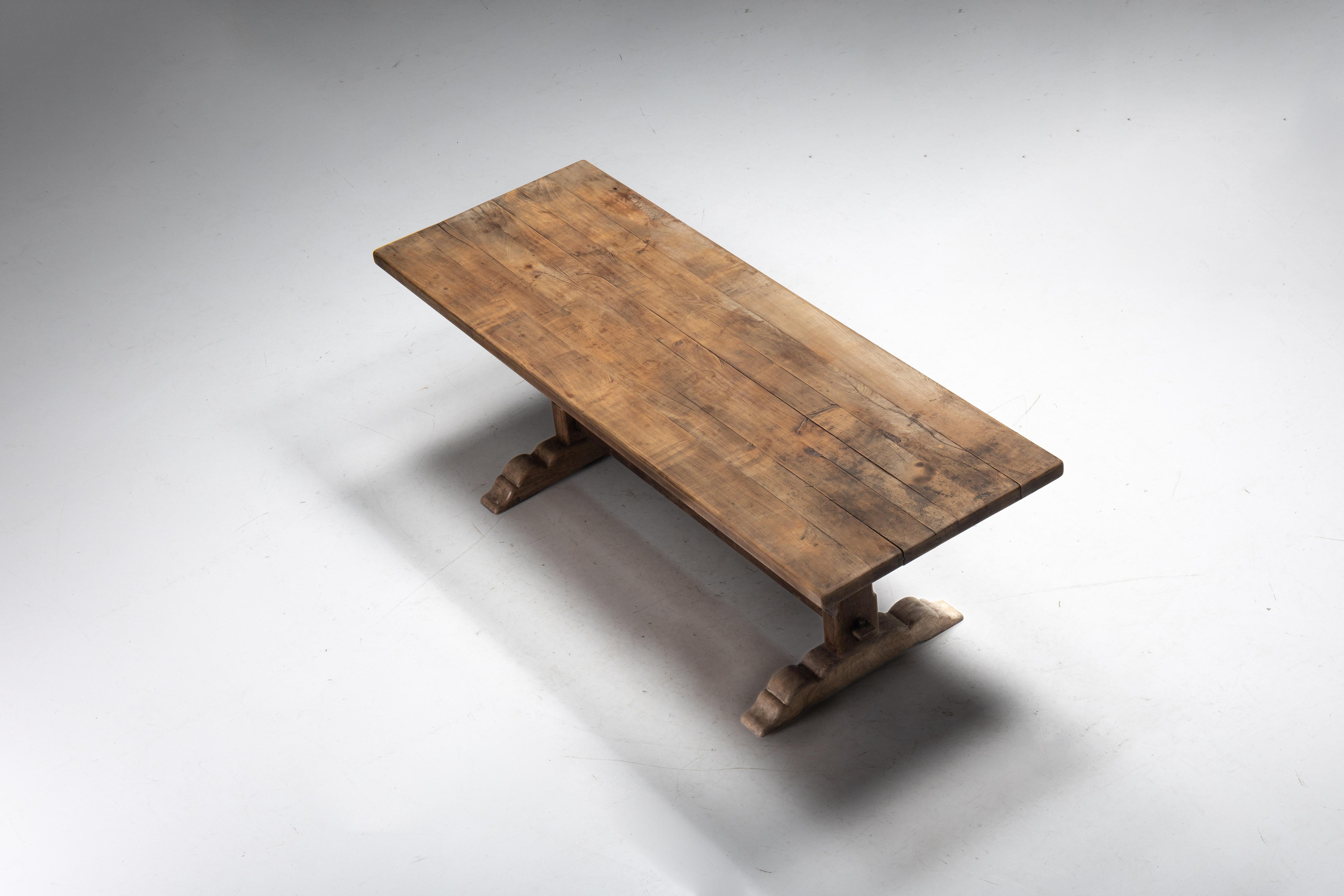 Oak Rustic Primitive Dining Table, France, Early 20th Century