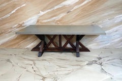 Rustic / Primitive Farm Style Dining Table W/ Zinc Top & Oak Trestle Base