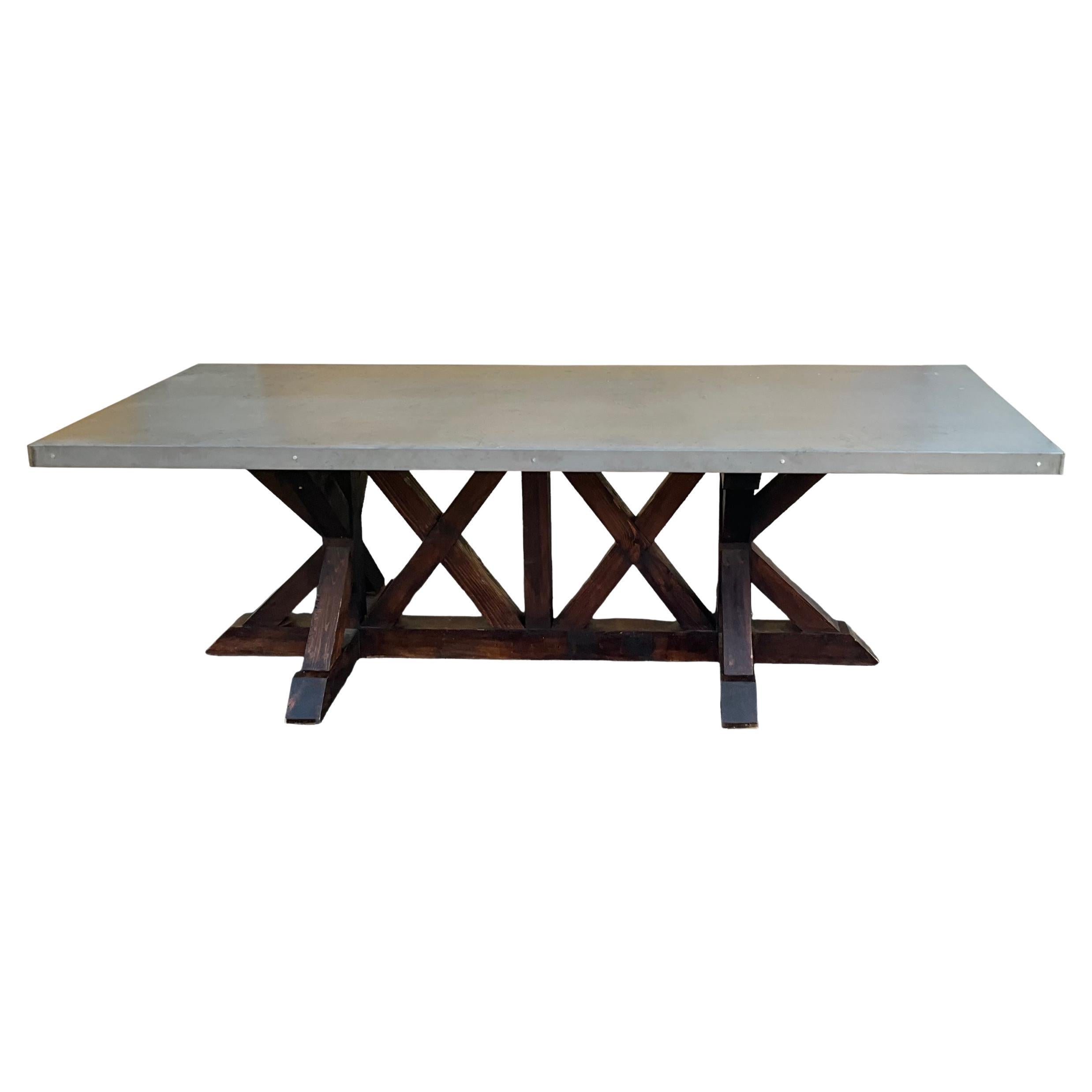Rustic / Primitive Farm Style Dining Table W/ Zinc Top & Oak Trestle Base 
