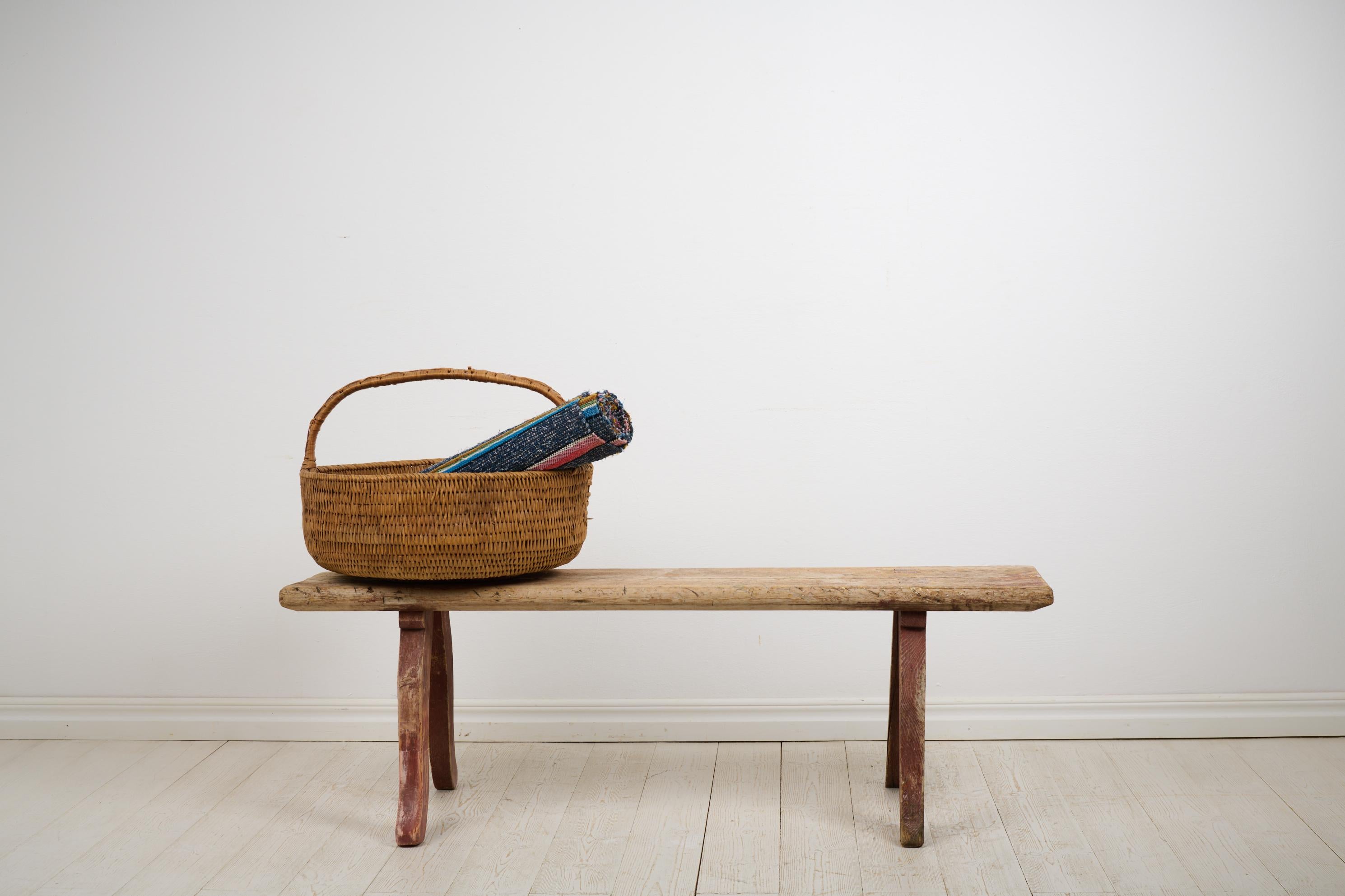 19th Century Rustic Primitive Genuine Folk Art Bench in Solid Pine from Northern Sweden