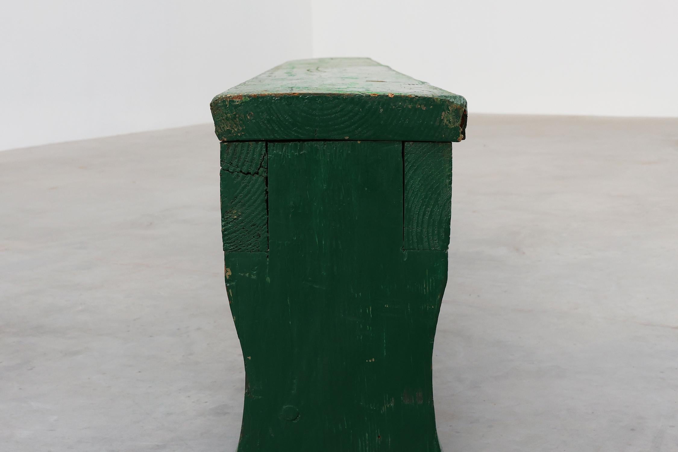 Rustic primitive green farmhouse bench in solid oak, France ca. 1900 For Sale 3