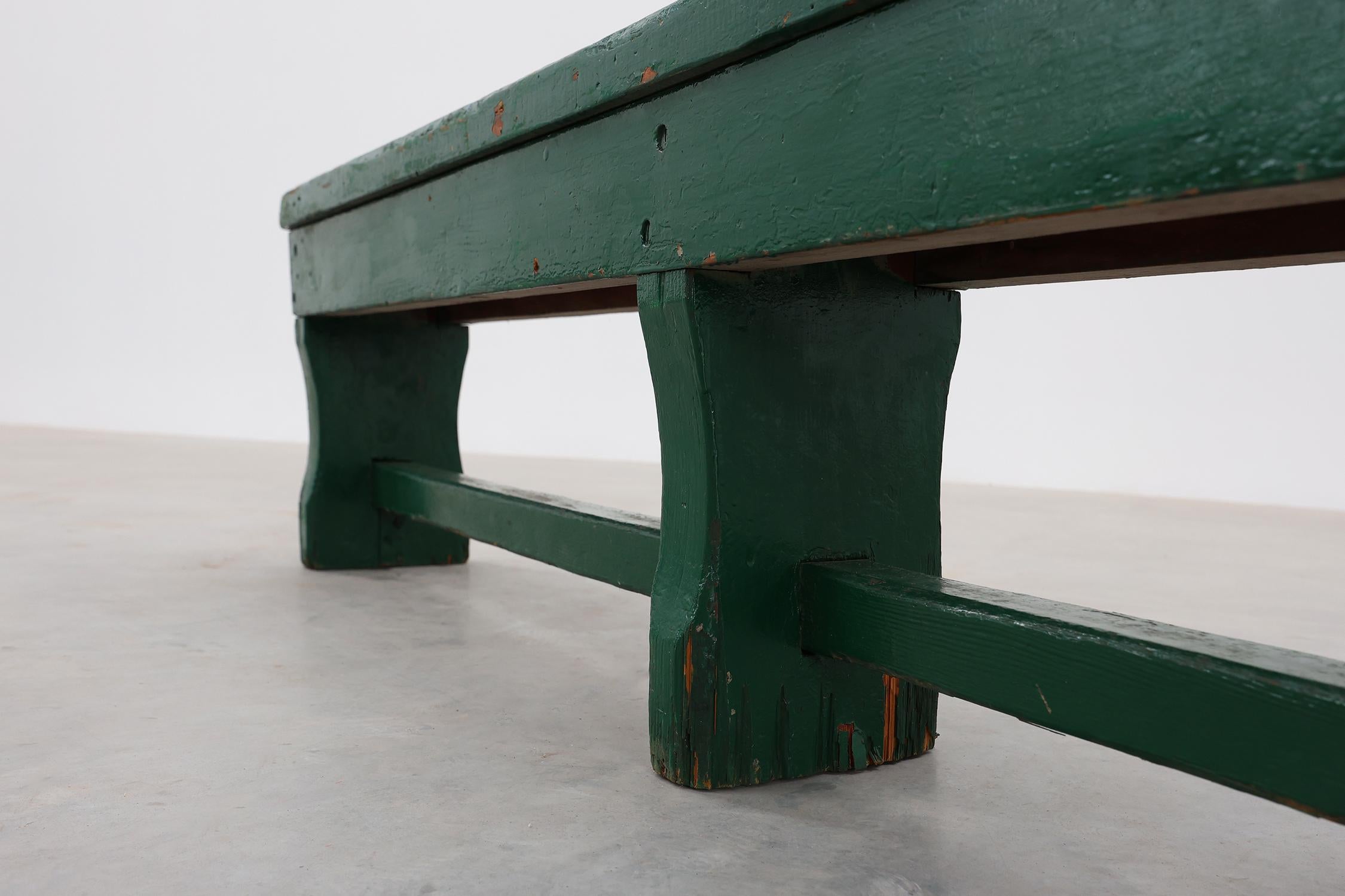 Rustic primitive green farmhouse bench in solid oak, France ca. 1900 For Sale 4
