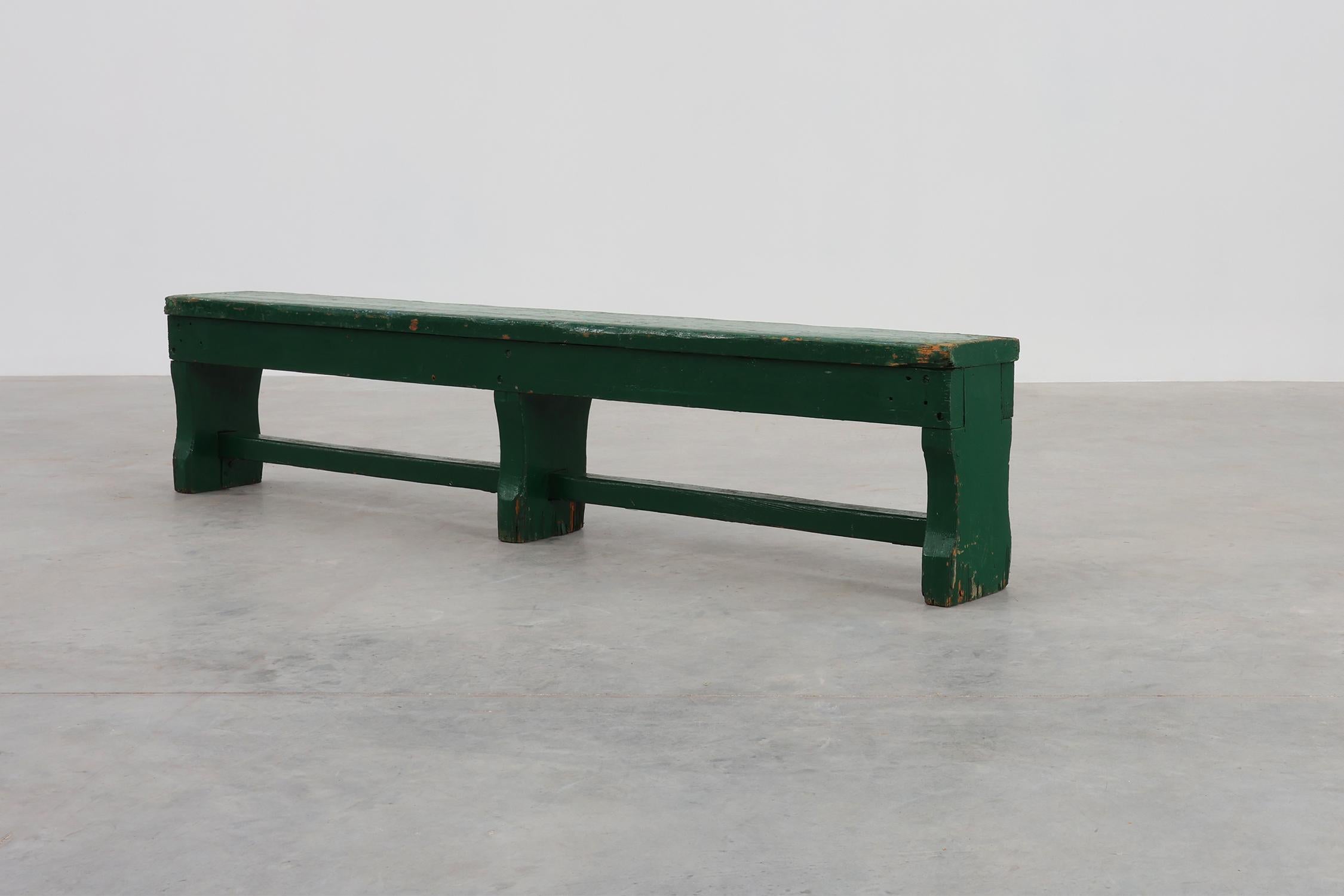 Rustic primitive green farmhouse bench in solid oak, France ca. 1900 For Sale 4