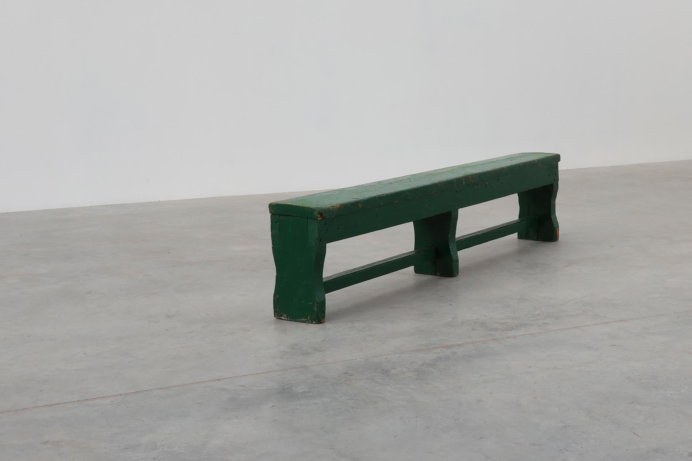 Rustic primitive green farmhouse bench in solid oak, France ca. 1900 For Sale 4