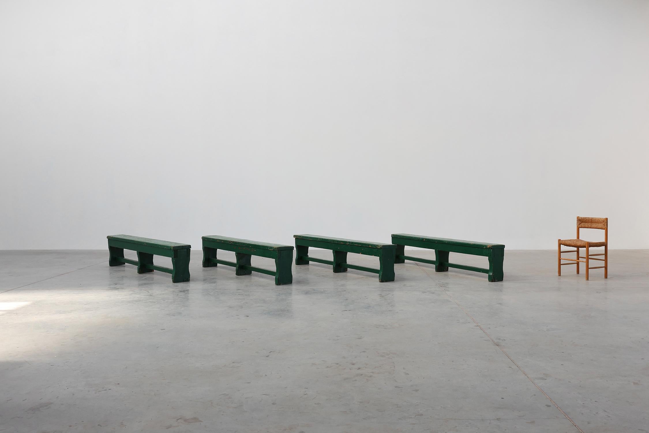 Rustic primitive green farmhouse bench in solid oak, France ca. 1900 For Sale 5