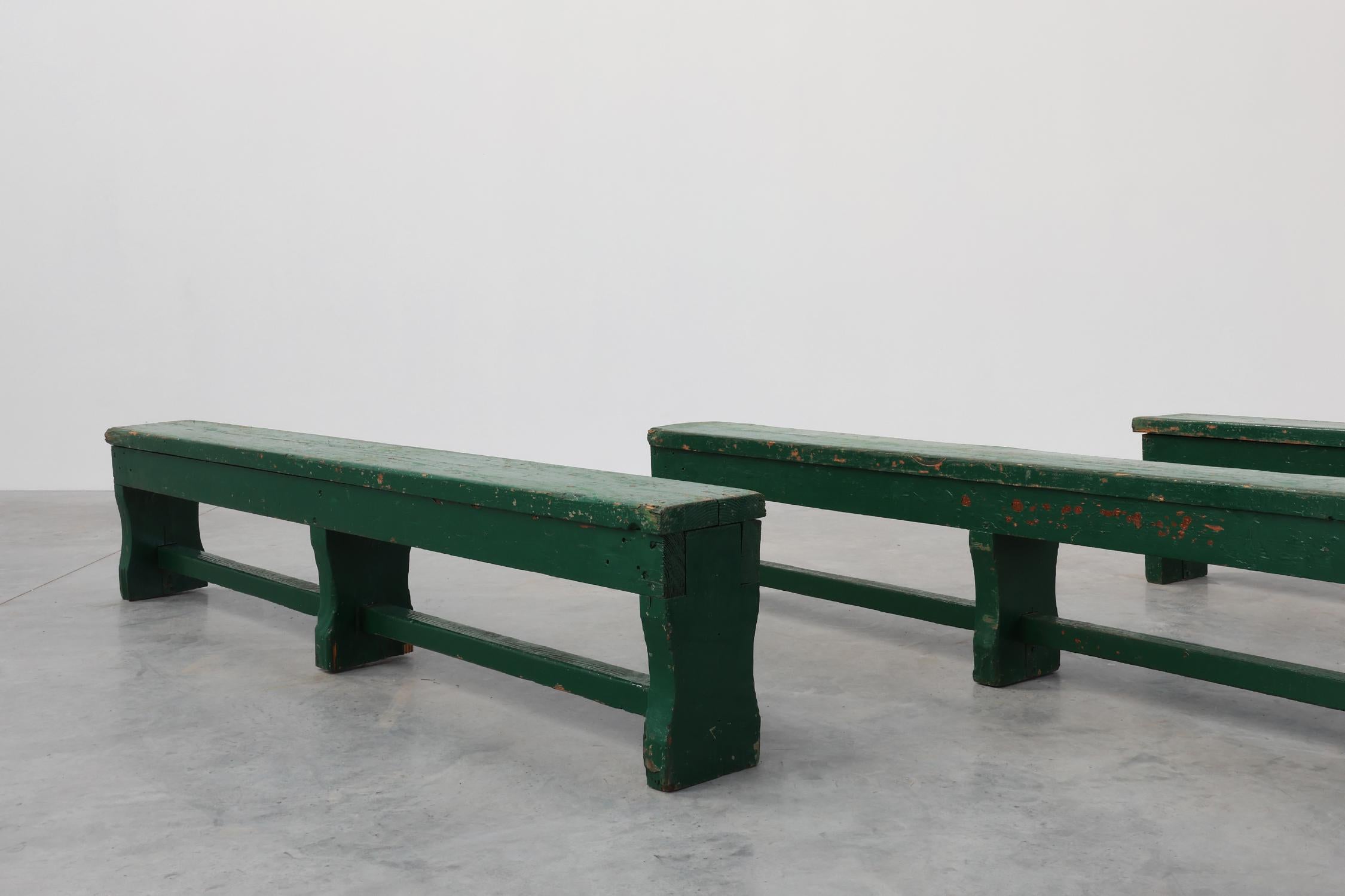 Rustic primitive green farmhouse bench in solid oak, France ca. 1900 For Sale 6