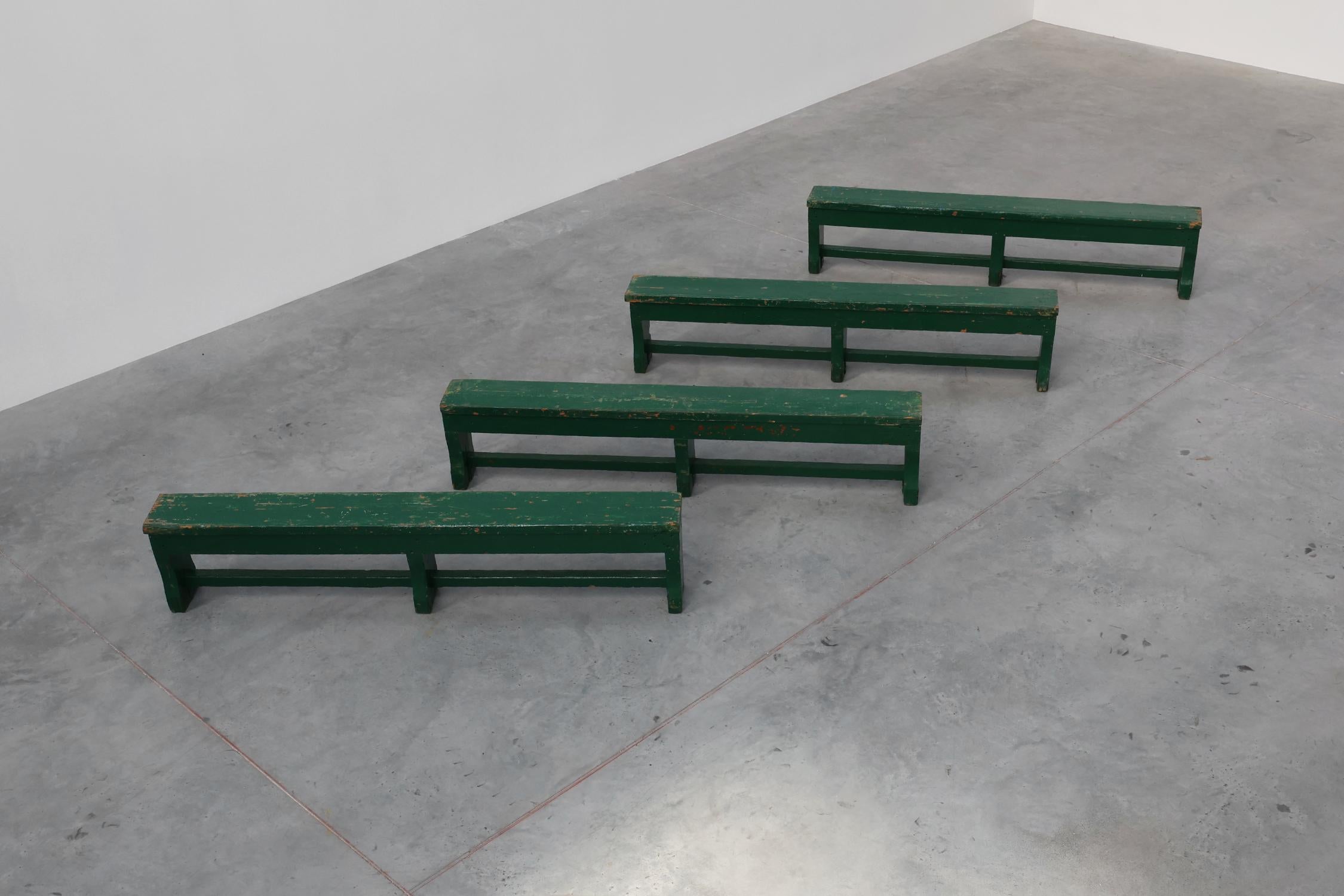 Rustic primitive green farmhouse bench in solid oak, France ca. 1900 For Sale 7