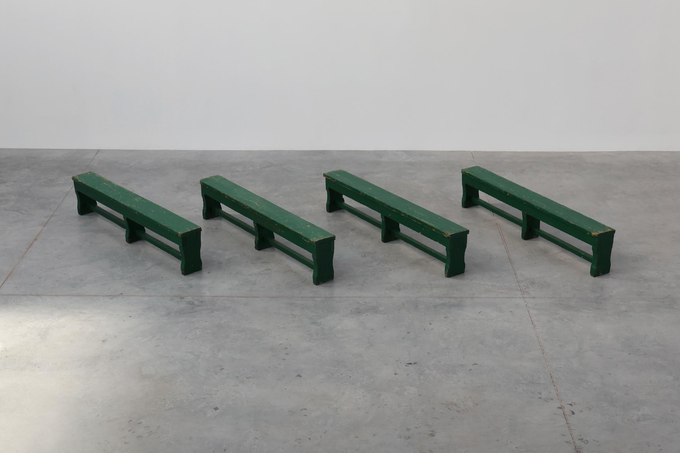 Rustic primitive green farmhouse bench in solid oak, France ca. 1900 For Sale 7
