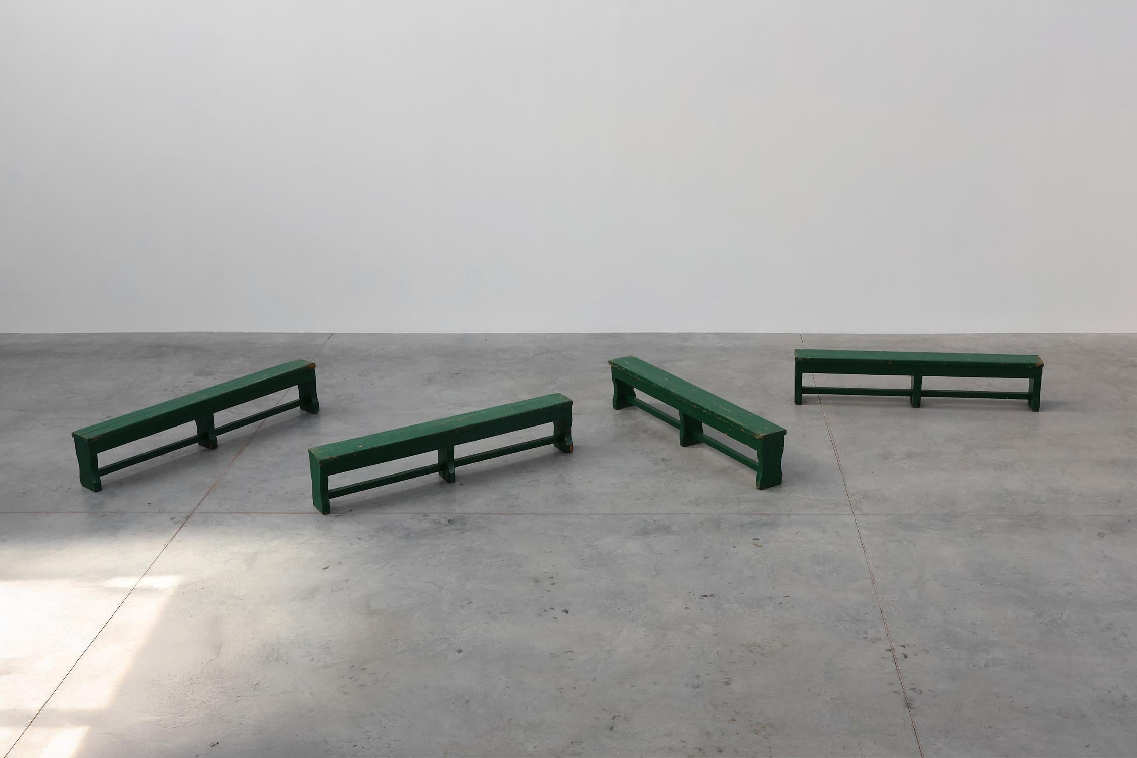 Rustic primitive green farmhouse bench in solid oak, France ca. 1900 For Sale 8