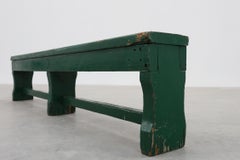 Rustic primitive green farmhouse bench in solid oak, France ca. 1900