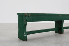 Rustic primitive green farmhouse bench in solid oak, France ca. 1900