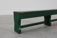 Rustic primitive green farmhouse bench in solid oak, France ca. 1900
