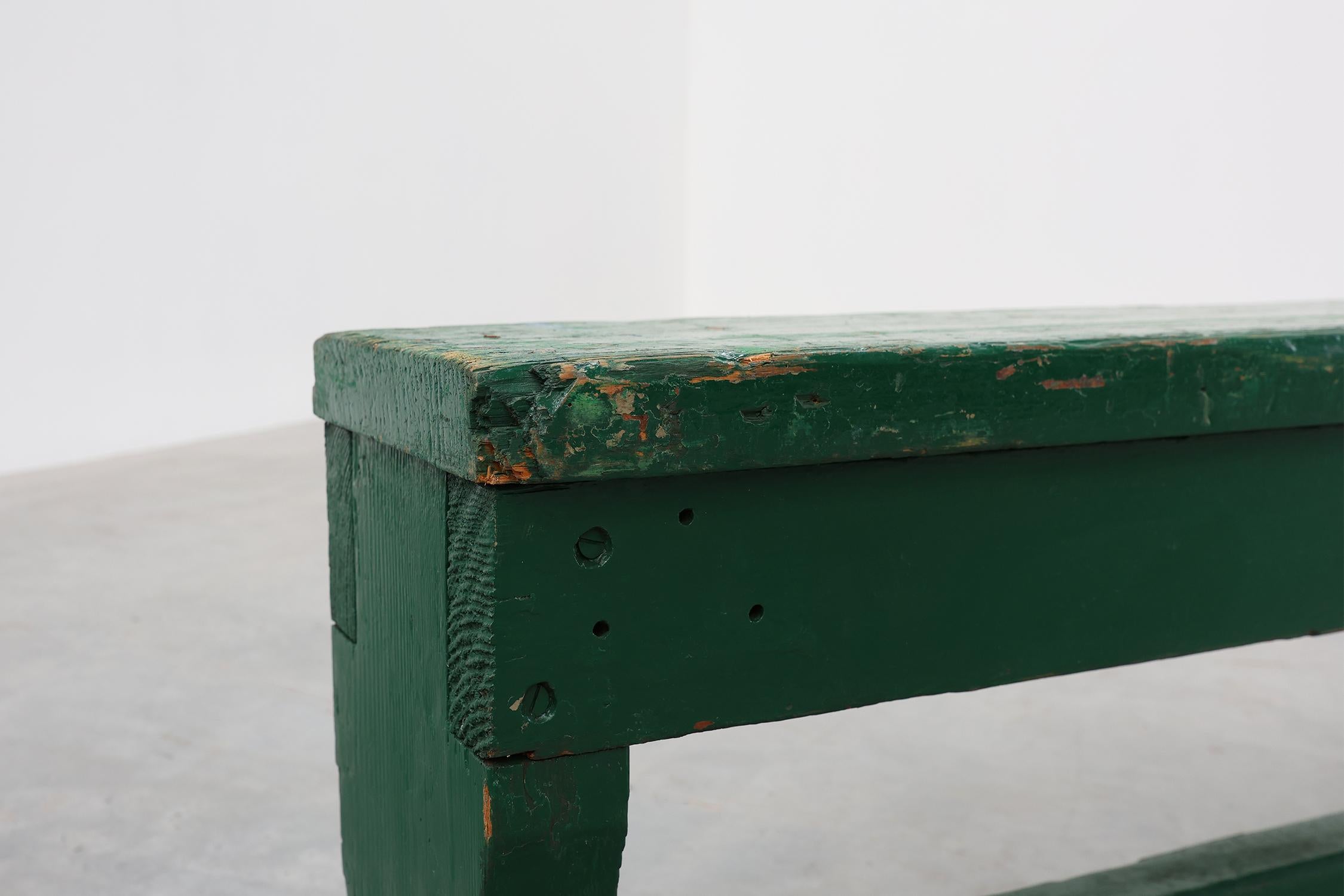 French Provincial Rustic primitive green farmhouse bench in solid oak, France ca. 1900 For Sale