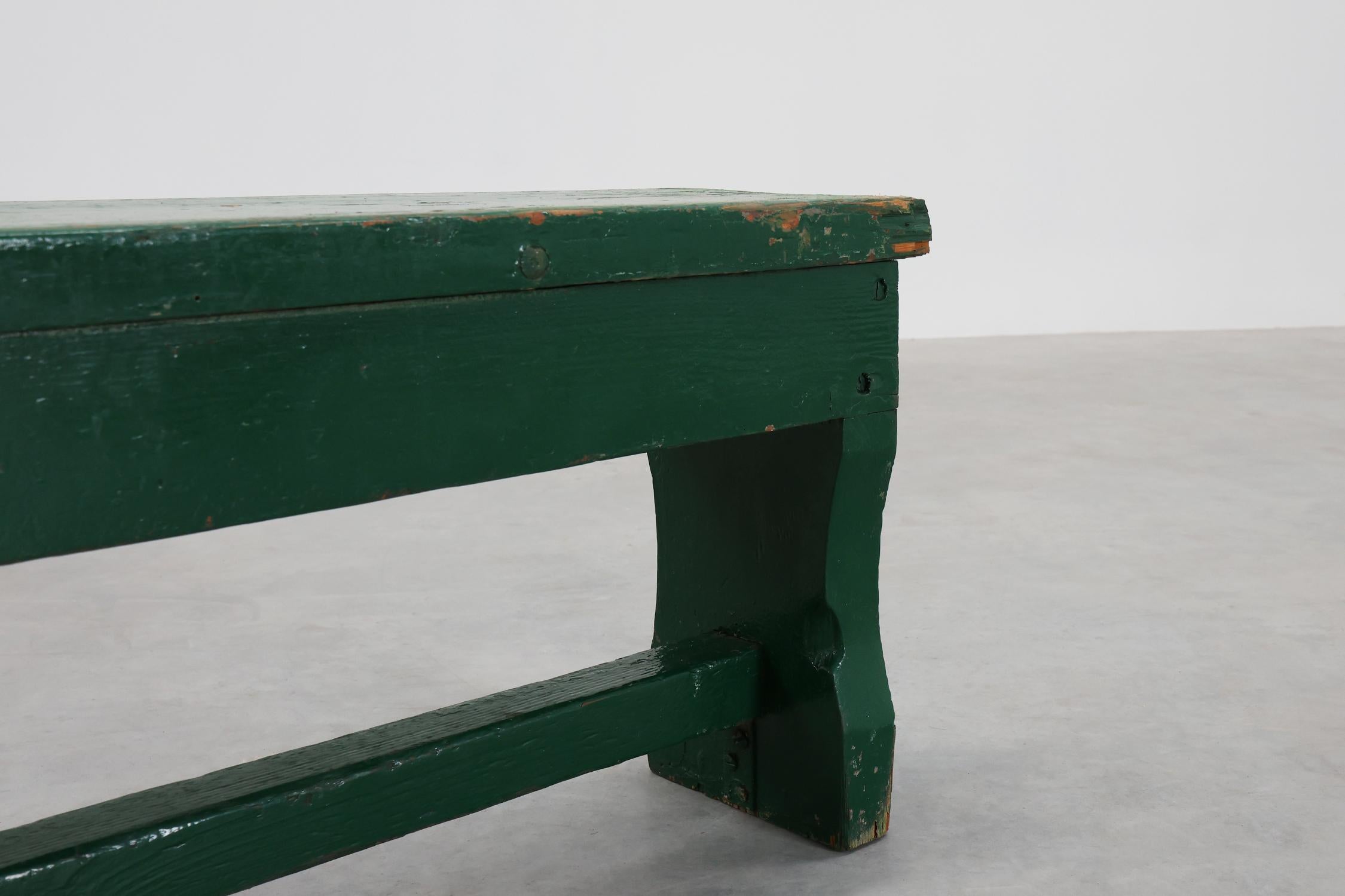French Provincial Rustic primitive green farmhouse bench in solid oak, France ca. 1900 For Sale