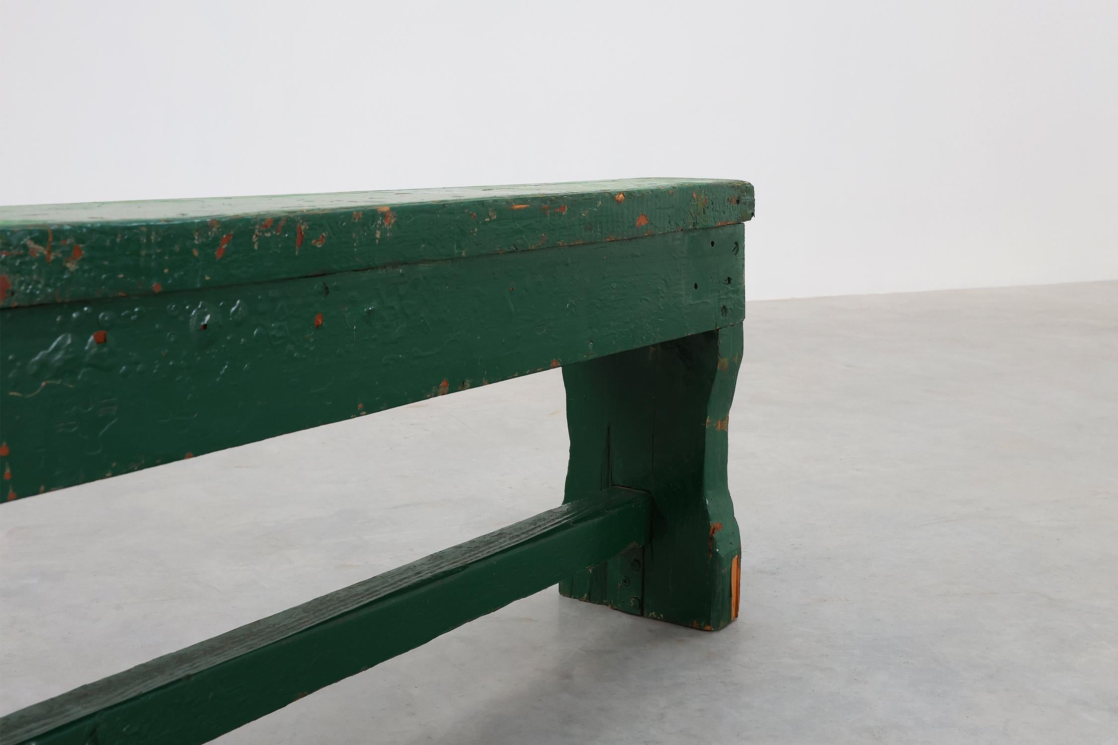 French Provincial Rustic primitive green farmhouse bench in solid oak, France ca. 1900 For Sale