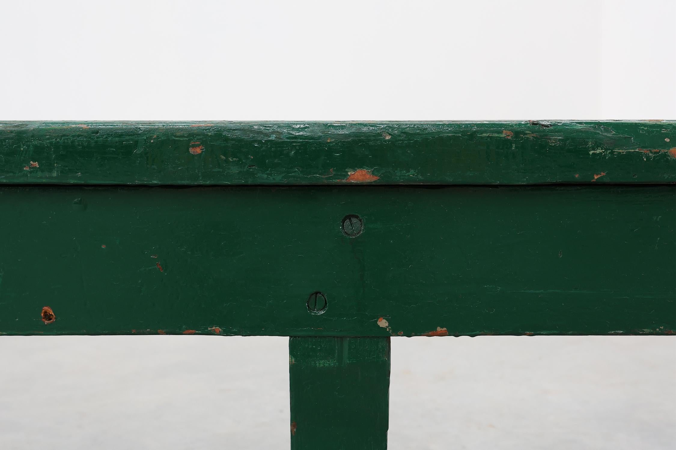 Early 20th Century Rustic primitive green farmhouse bench in solid oak, France ca. 1900 For Sale