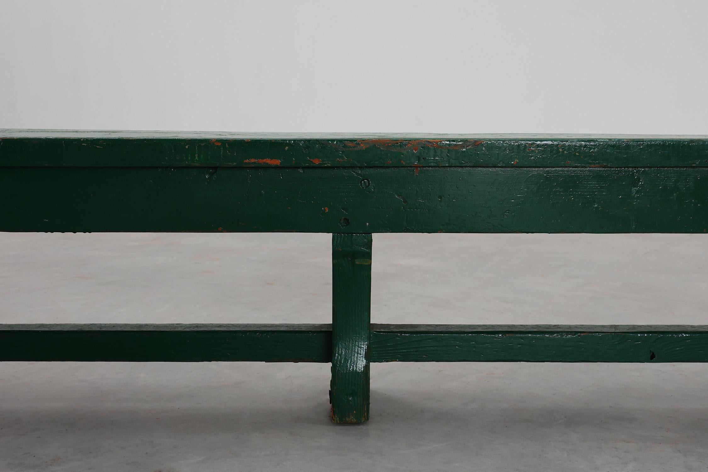 Early 20th Century Rustic primitive green farmhouse bench in solid oak, France ca. 1900 For Sale