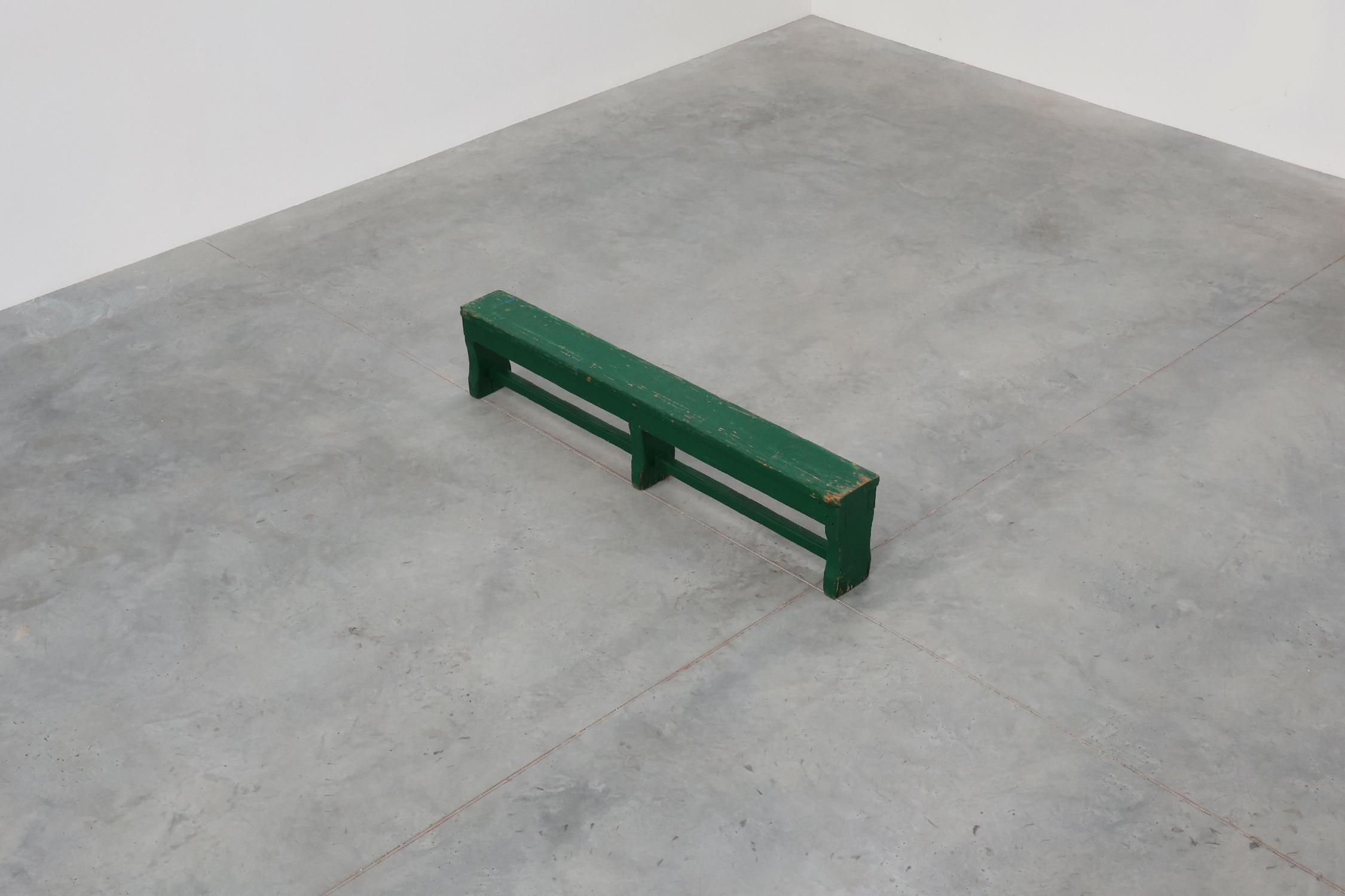 Oak Rustic primitive green farmhouse bench in solid oak, France ca. 1900 For Sale