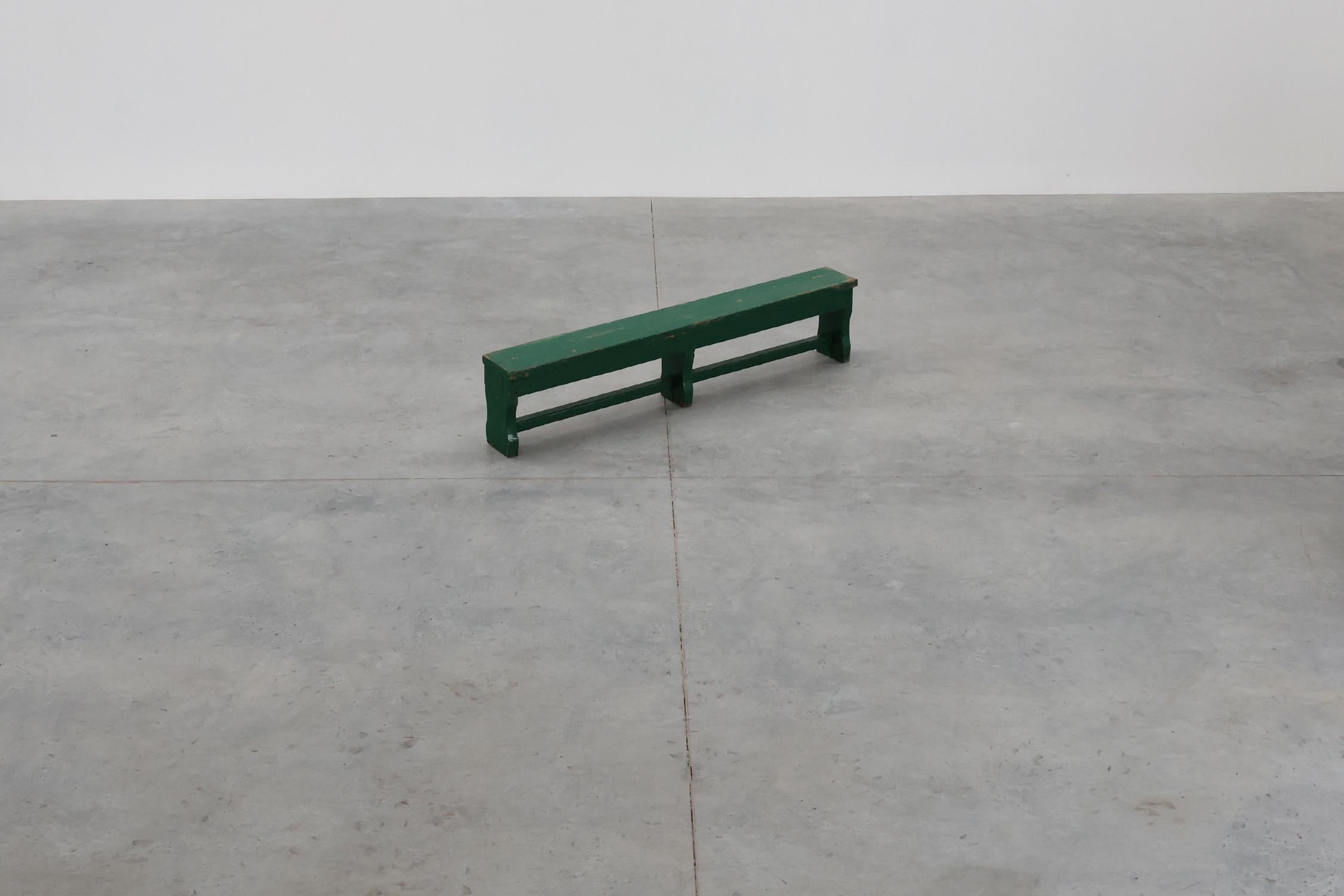 Oak Rustic primitive green farmhouse bench in solid oak, France ca. 1900 For Sale