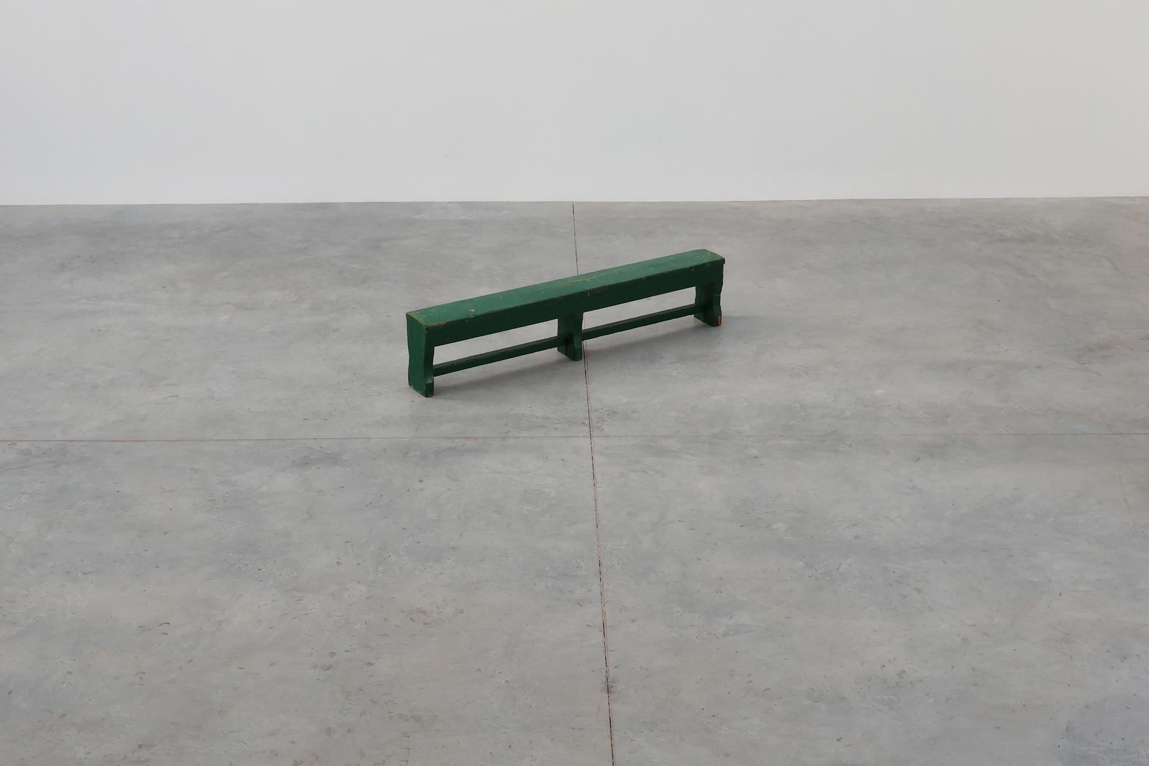 Oak Rustic primitive green farmhouse bench in solid oak, France ca. 1900 For Sale