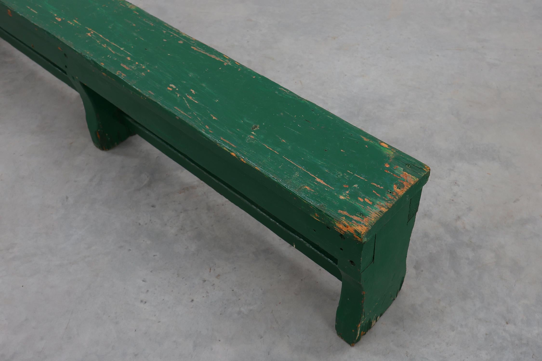 Rustic primitive green farmhouse bench in solid oak, France ca. 1900 For Sale 1