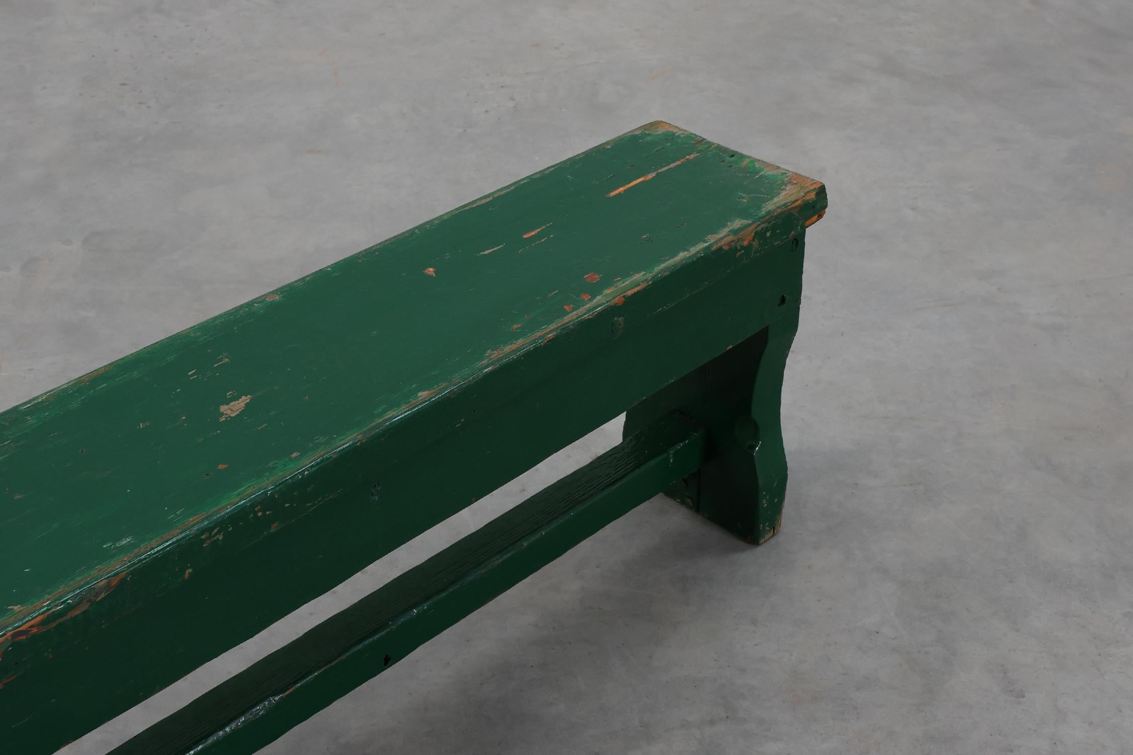 Rustic primitive green farmhouse bench in solid oak, France ca. 1900 For Sale 1