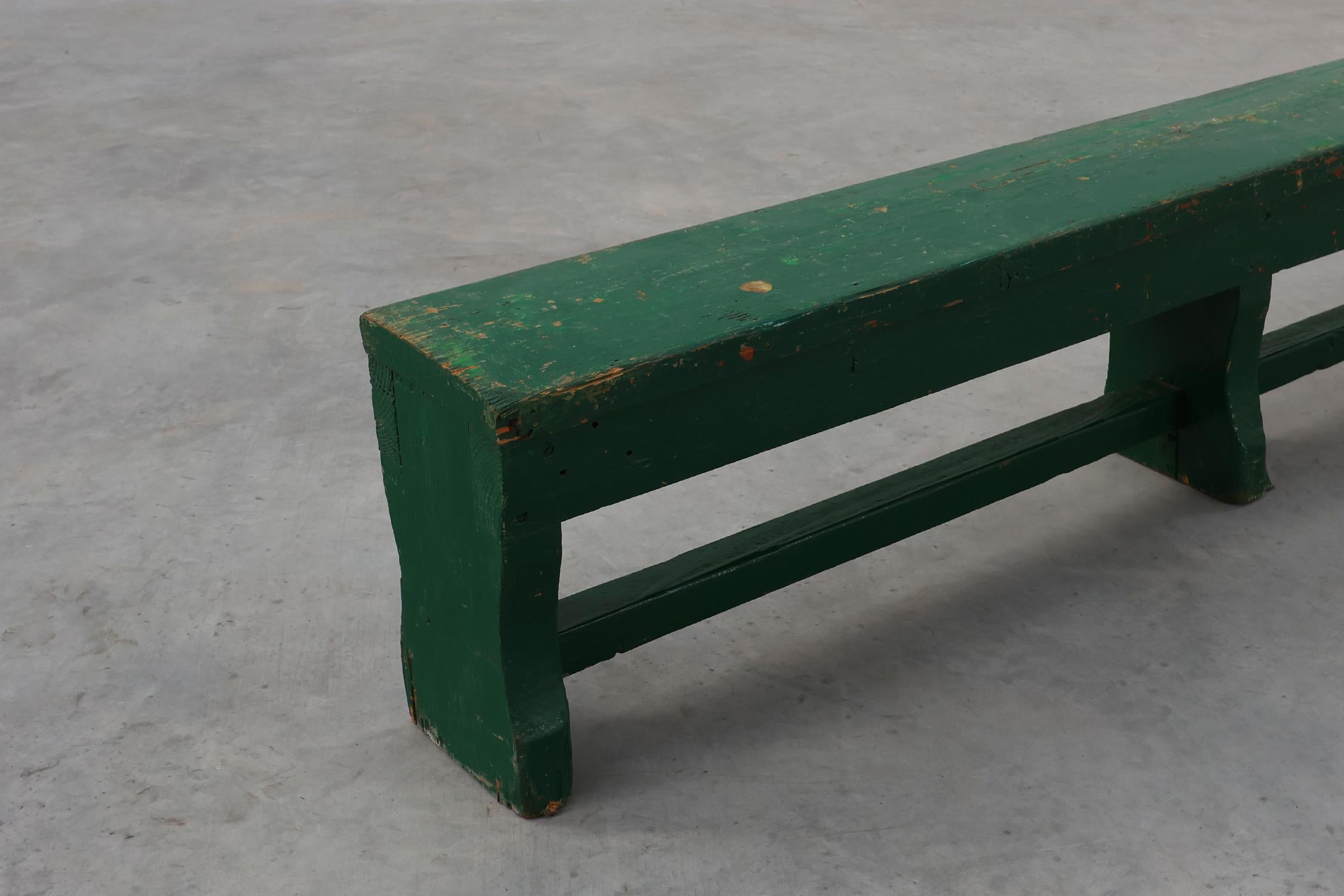 Rustic primitive green farmhouse bench in solid oak, France ca. 1900 For Sale 1