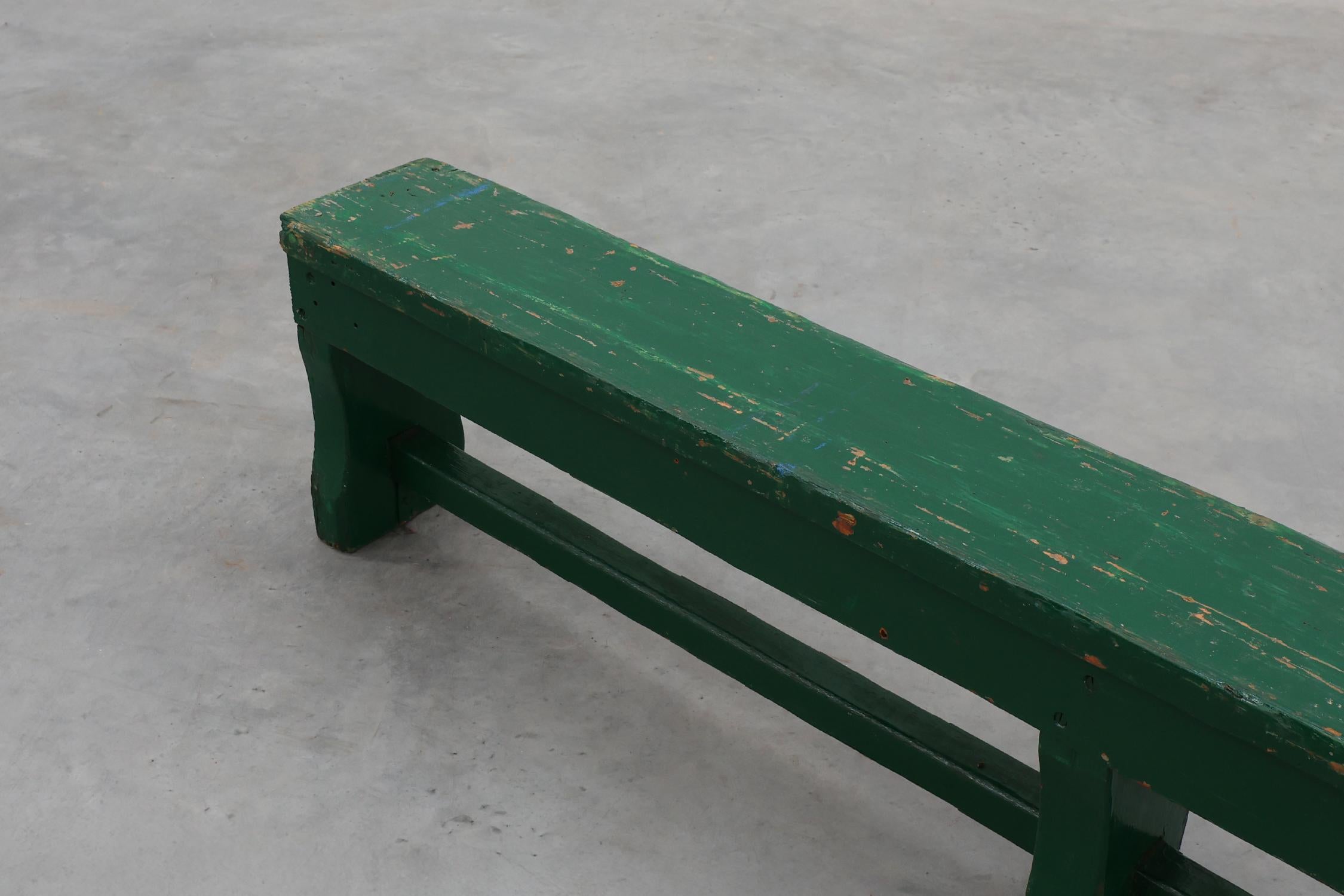 Rustic primitive green farmhouse bench in solid oak, France ca. 1900 For Sale 2