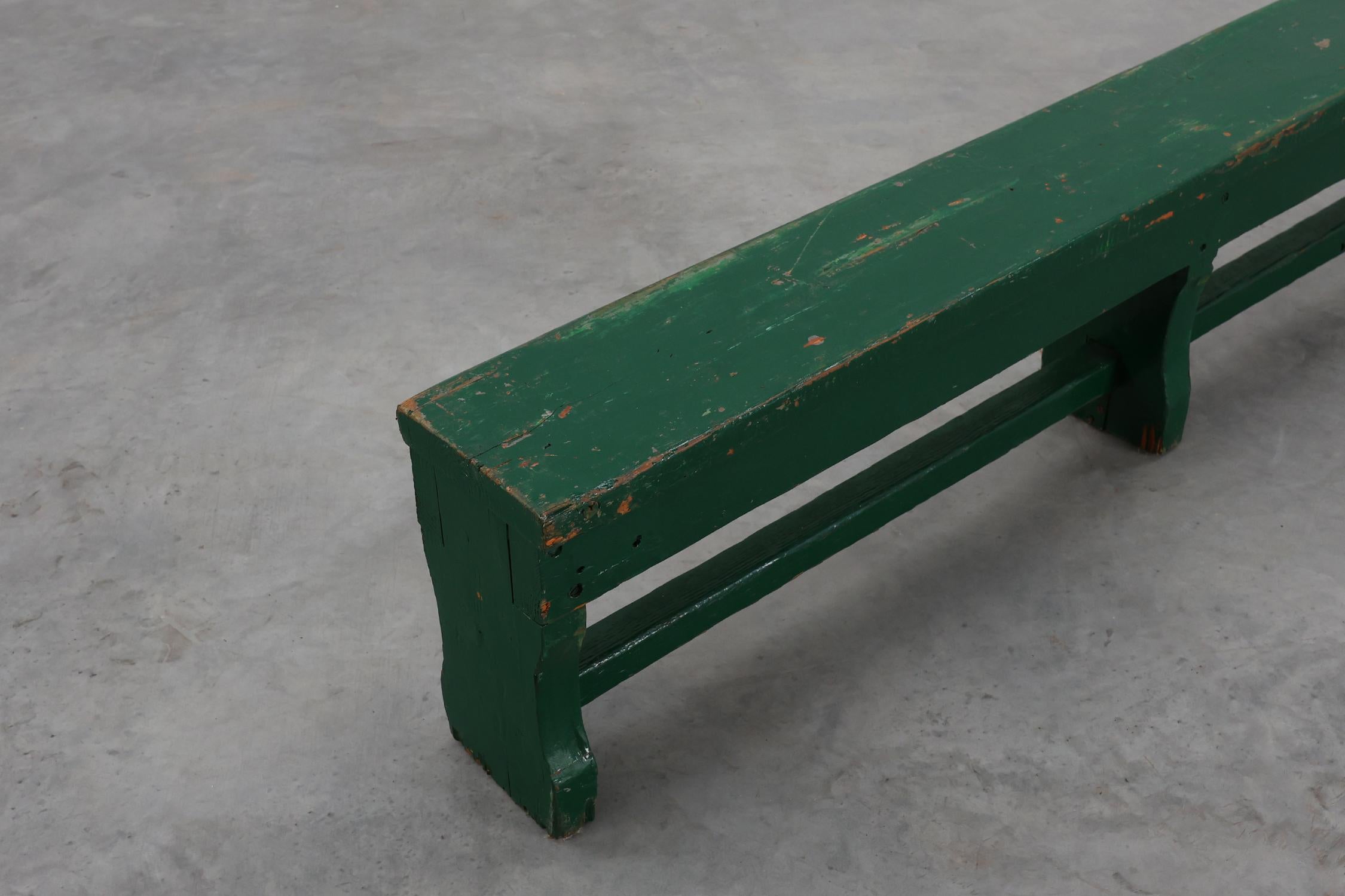 Rustic primitive green farmhouse bench in solid oak, France ca. 1900 For Sale 2