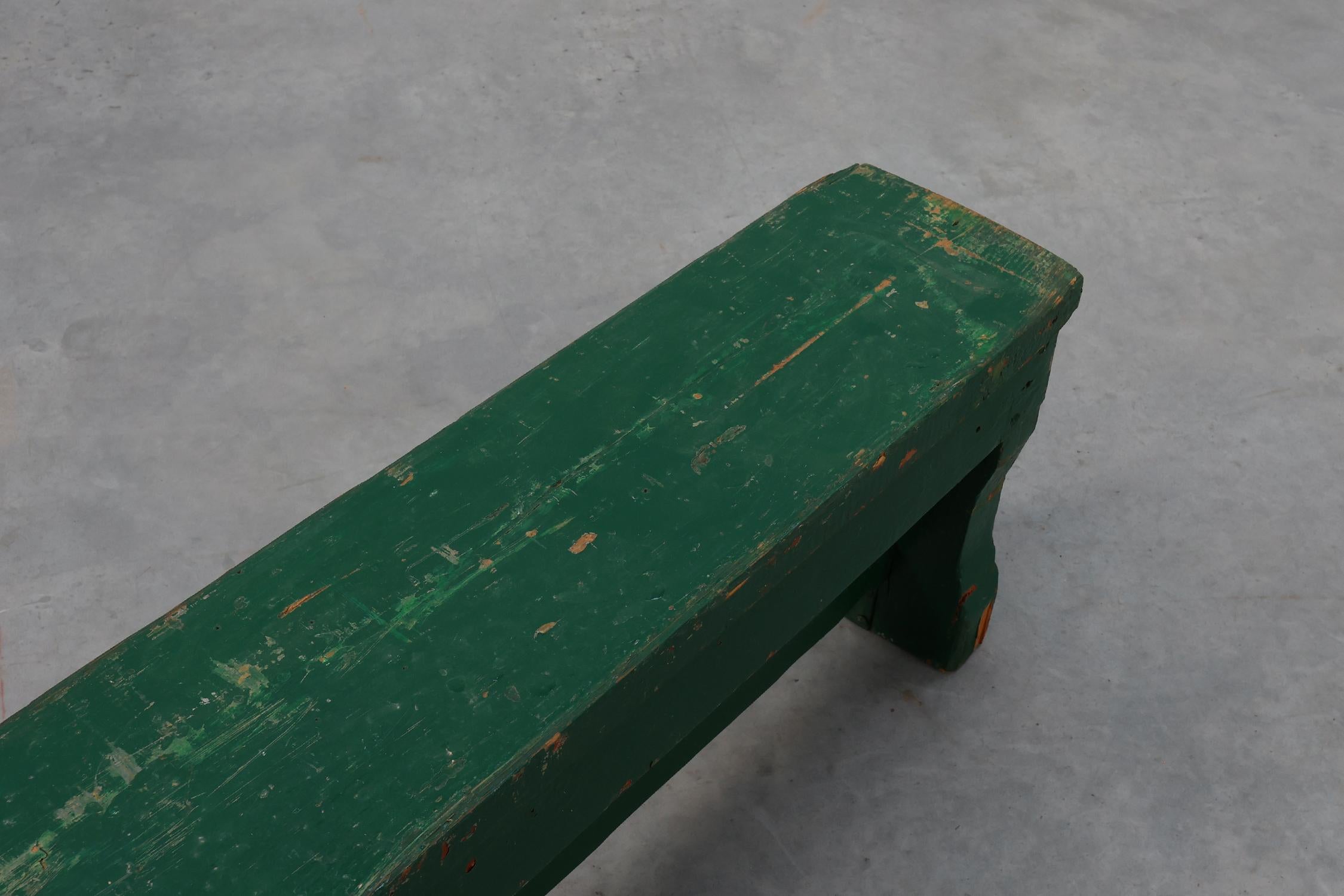 Rustic primitive green farmhouse bench in solid oak, France ca. 1900 For Sale 2