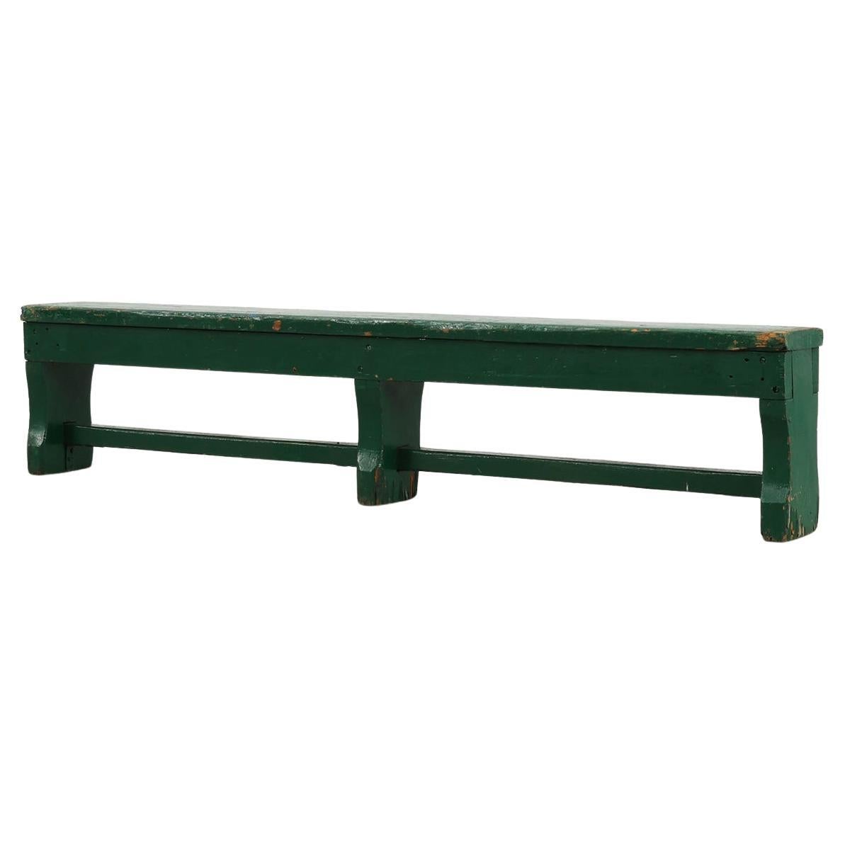 Rustic primitive green farmhouse bench in solid oak, France ca. 1900