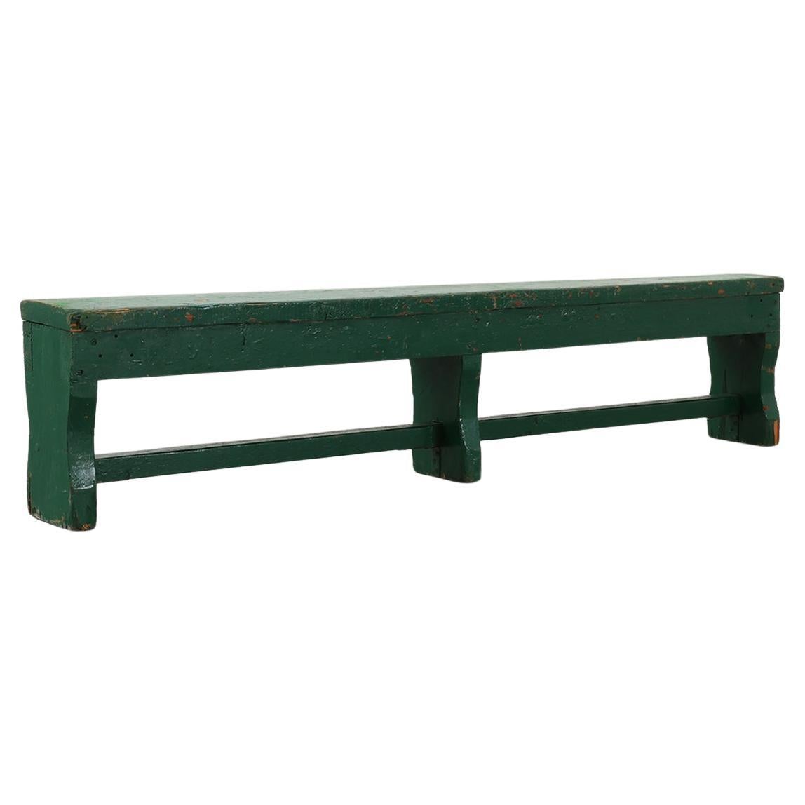 Rustic primitive green farmhouse bench in solid oak, France ca. 1900 For Sale