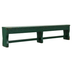 Antique Rustic primitive green farmhouse bench in solid oak, France ca. 1900