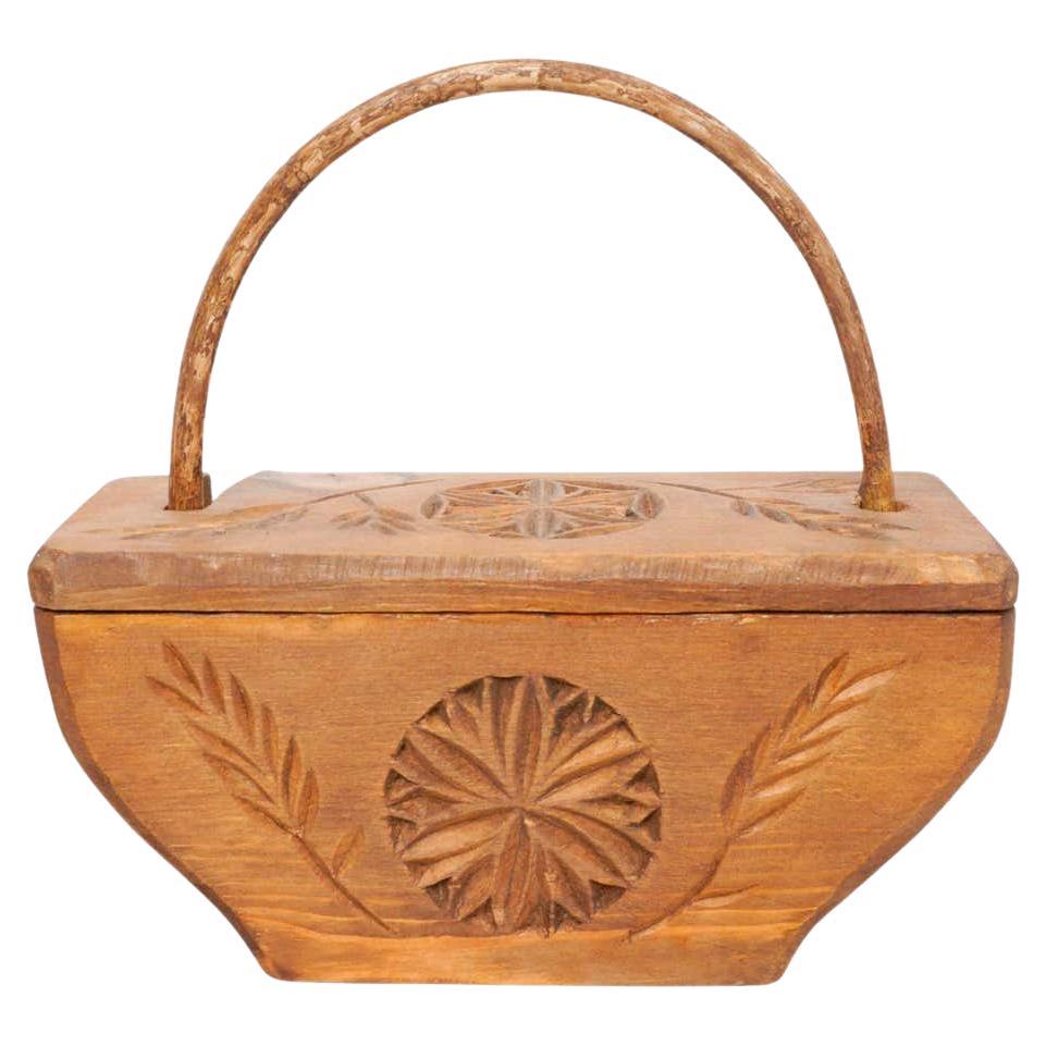 Rustic Primitive Wood Hand Carved Basket, circa 1950 For Sale