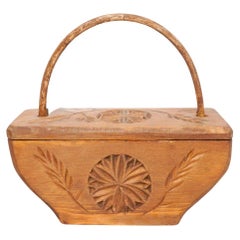 Vintage Rustic Primitive Wood Hand Carved Basket, circa 1950