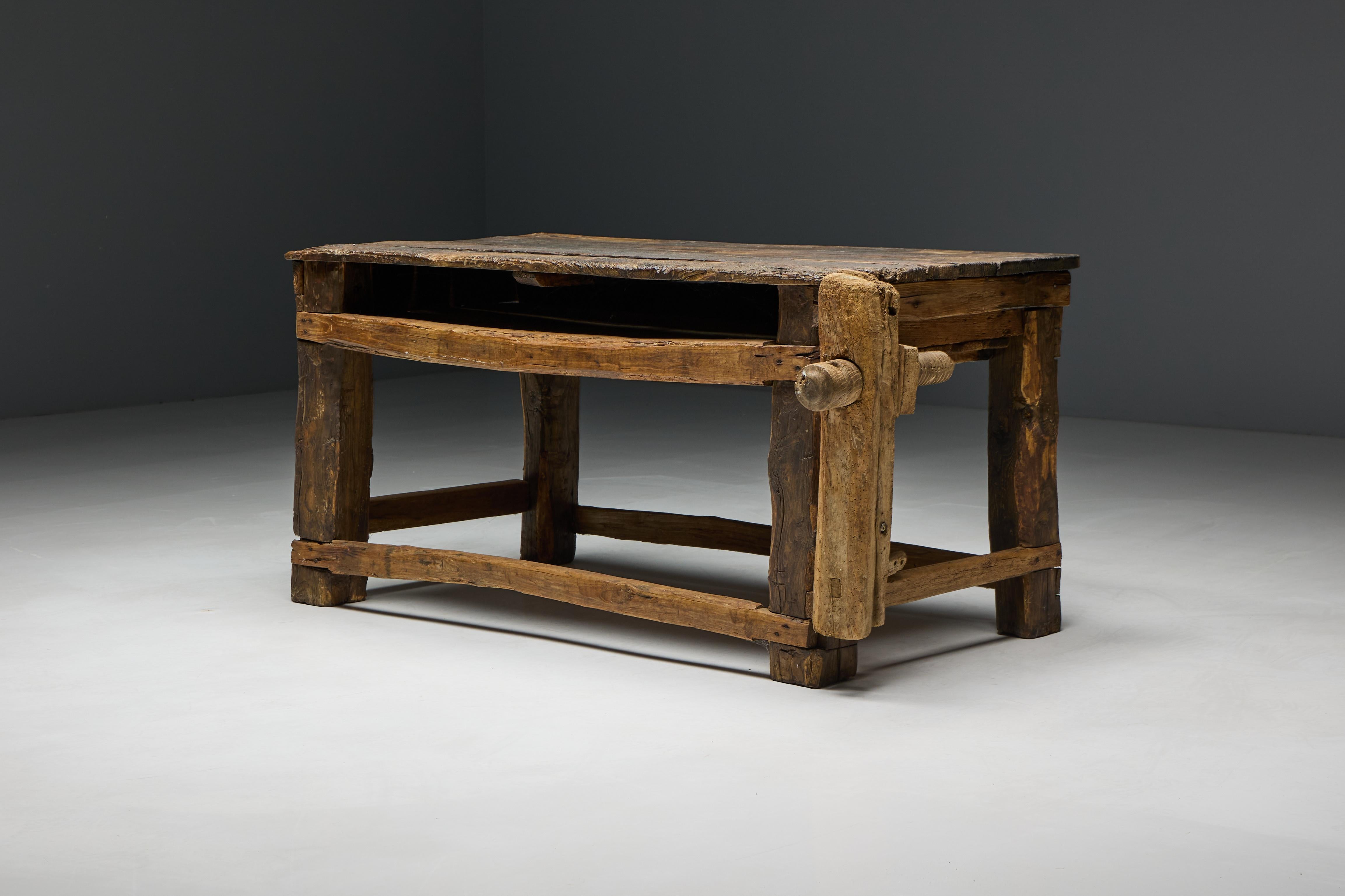 Wood Rustic Primitive Working Bench, France, Early 19th Century For Sale