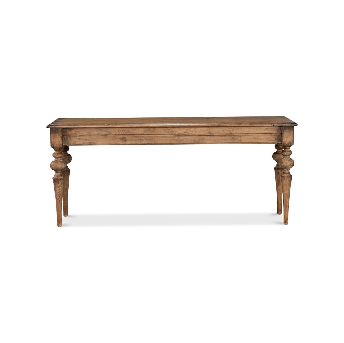 Introducing the charming Rustic Provincial Pine Console Table, a beautifully crafted piece of furniture that exudes sophistication and rustic elegance. Its molded edge top is a standout feature, adding a touch of sophistication to your living
